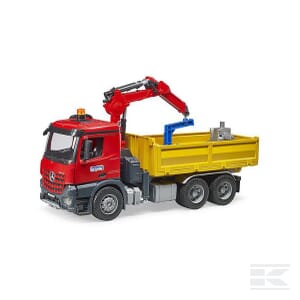 A red and yellow scale 1:16 toy dump truck with a crane attachment, featuring the Mercedes-Benz logo and equipped with a Bruder rotating beacon light (Product Name: Accessories: Rotating beacon light - U02807).