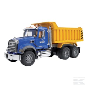 The Bruder MACK Granite Tippingtruck - U02815, a blue and yellow construction vehicle with six wheels and an open dump bed, is perfect for your 1:16 scale collection.