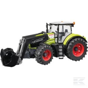 A green and black Claas Axion 950 agricultural tractor by Bruder, featuring large black and red wheels, is equipped with a front loader and a bucket attachment.