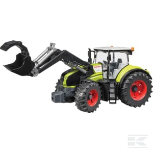 A green Claas Axion 950 tractor with red wheels and a front loader bucket attachment from Bruder is shown against a white background, exemplifying modern agricultural equipment.