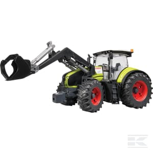 A Claas Axion 950 tractor from Bruder, featuring green bodywork, black and red wheels, and equipped with a front loader and bucket attachment (U03013), is shown against a plain background, ready for any agriculture task.