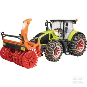 A detailed model of a green and black Claas Axion 950 tractor with an attached orange snow blower at the front, featuring large, rugged wheels with snow chains for efficient agricultural use from the brand Bruder (U03017).