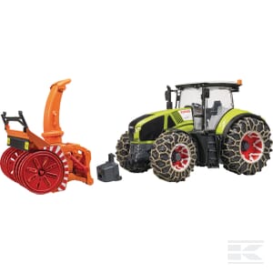 A Claas Axion 950 snow blower by Bruder in green and black with large tires, alongside a separate orange and red snowblower attachment, perfect for all your agriculture needs.