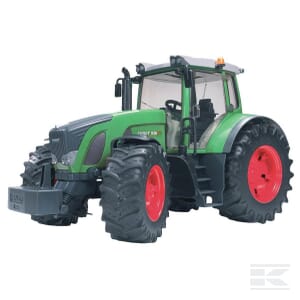 A Bruder Fendt 936 Vario - U03040 tractor featuring a green body with large black tires and red wheel rims, captured from a front-side angle. The cab includes a roll bar and mirrors, making it perfect for agricultural tasks.