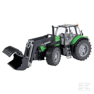 The DEUTZ-FAHR Agrotron X720 +loader by Bruder features a green and black toy farm tractor with large wheels and a front loader attachment, perfect for young agriculture enthusiasts.