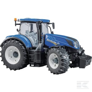 A New Holland T7.315 - U03120 by Bruder, featuring a sleek blue design with large tires and a comfortable cab for the driver, perfect for all your agricultural needs, viewed from a slight angle.