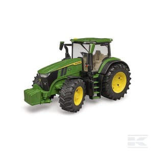 A green and yellow John Deere 7R 350 by Bruder with large rear tires and a cab, viewed from a three-quarter angle. Part number U03150 ensures its authenticity, and EAN 4001702031503 verifies its originality.