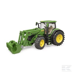 A 1:16 scale John Deere 7R green tractor with a front loader attachment, yellow rims, and black tires by Bruder. Product dimensions and part number U03151 are available upon request.