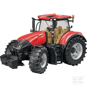 The 1:16 scale red Case IH Optum 300 CVX by Bruder features large tires, clear windows, and a detailed cabin visible, capturing the essence of modern agriculture.