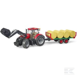 The Case IH Optum 300 CVX with front loader and trailer by Bruder showcases its realistic design as it pulls a green trailer loaded with four large round hay bales, perfect for any agriculture needs.