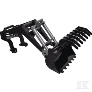 The Bruder Front Loader - U03333 is a black hydraulic grapple attachment designed for heavy machinery. It features multiple prongs and a robust design for gripping materials. Made from durable plastic, it's modeled at a 1:16 scale division and is suitable for children aged 3 and up.