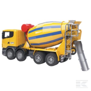 A Scania concrete mixer (model U03554) by Bruder, colored in yellow with blue stripes and a red component on the drum, also equipped with a chute for pouring concrete.