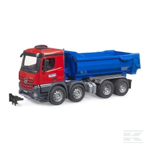 The Bruder MB Arocs Halfpipe dump truck - U03621, a red and blue plastic toy vehicle modeled after a Mercedes Benz truck with intricate detailing and six wheels, is displayed against a white background.