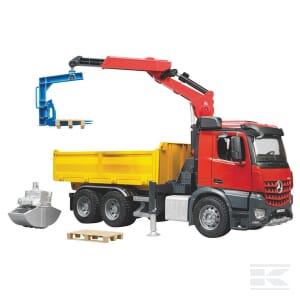 A 1:16 scale MB Arocs with crane - U03651 by Bruder is shown with a red cab, yellow bed, and blue crane arm, along with accessories including a silver grabber, a wooden pallet, and a grey construction tool.