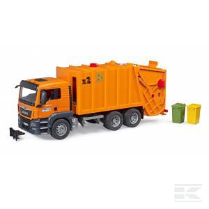 A toy orange Bruder MAN TGS Garbage truck (model U03760) with three axles and two small bins (one green, one yellow) is shown against a white background. This Scale 1:16 model adds a touch of realism to any collection.