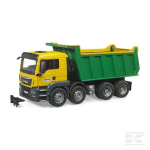 A yellow and green MAN TGS Tipper truck - U03766 by Bruder, crafted at a 1:16 scale, features four sets of wheels on a white background. A small black accessory is positioned near the truck's front.