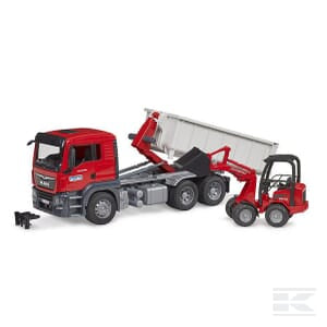 A red MAN TGS Truck with Roll-Off-Container, scale 1:16, by Bruder along with a Schäffer Compact Loader 2630, featuring a tilted cargo bed and a small red toy forklift placed beside it.