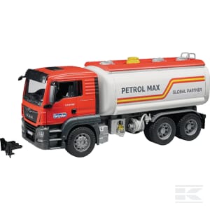 The MAN TGS fuel tank lorry (U03775) by Bruder is a scale 1:16 die-cast toy featuring a red cab, "Petrol Max" branding on the white tanker, and includes a small black transport accessory.