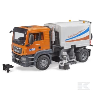 This model of a MAN TGS LKW road cleaning truck - U03780 from Bruder features a mainly orange design with a white body and labeled text "Street Cleaning." It boasts a lifelike appearance complete with intricately detailed accessories placed nearby.