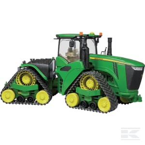 The John Deere 9620RX - U04055 by Bruder is a green and yellow tractor with tracks instead of wheels, featuring a large black grille in the front, perfect for modern agriculture needs.