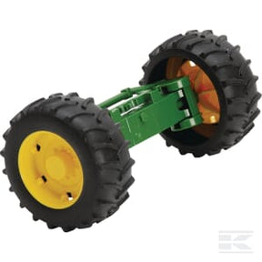 A meticulously crafted toy model of a rear axle for the John Deere T6, featuring two black tires, yellow rims, and green suspension components. The design mirrors John Deere's iconic machinery and is produced by Bruder to a scale division of 1:16. Officially named the Rear Axle for JD T6 - U42165.