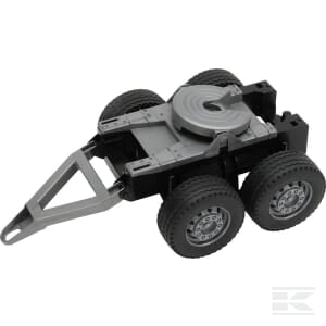 The Bruder Low Loader Chassis, model number U42641, features a grey towing arm and black chassis with six wheels, four of which rotate. This detailed toy trailer is created in a 1:16 scale and can be identified by EAN 4001702426415.