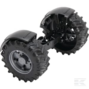 Bruder's Front Axle - U43080 features black plastic toy tractor tires with detailed tread, mounted on a connecting axle. Suitable for scale division models, these tires add authenticity and precision to your collection.