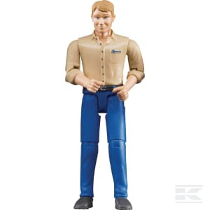 The Bruder Pro Series action figure, Man (blue jeans) - U60006, features a man with short hair wearing a beige shirt and blue pants. This figure stands upright and comes with moveable limbs for dynamic posing.