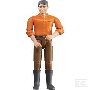 Bruder's Pro Series action figure, named "Man (brown jeans) - U60007," features a man dressed in an orange shirt, brown pants, and black boots. This highly detailed figure is designed with three-dimensional moveable limbs for dynamic posing and stands upright.