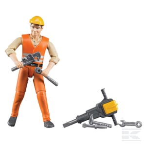 Bruder's Construction Workers with Accessories (U60020) features a highly detailed 1:16 scale plastic construction worker figure dressed in an orange vest and hard hat, holding tools with additional tools placed nearby, making it perfect for any miniature construction scene.