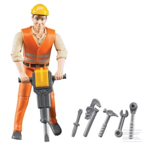 The Bruder Construction workers + accs - U60020 includes a 1:16 scale construction worker toy figure wearing an orange safety vest and helmet, holding a jackhammer. Alongside the figure, various tools such as a wrench, hammer, and screwdriver are also included. This detailed plastic toy perfectly captures the essence of a construction site.