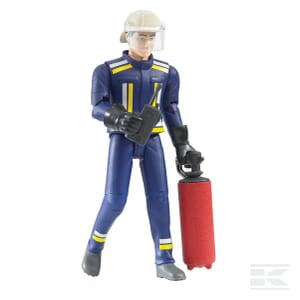 A meticulously crafted unit, the Bruder Fireman with accessories - U60100, dressed in a firefighter uniform and holding a walkie-talkie in one hand and a red fire extinguisher in the other, is set at scale 1:16. This must-have for collectors guarantees authenticity and quality with part number U60100.