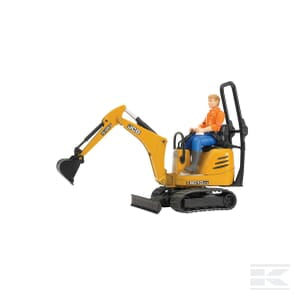 The Bruder JCB micro digger with worker - U62002 is a miniature yellow excavator toy, crafted to a scale of 1:16, featuring a person figurine seated on it, perfect for play and model displays.