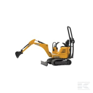 A Bruder JCB 8010 CTS micro digger - U62003, featuring a yellow body with a black bucket and tracks, shown from the side against a white background.