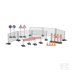 The Building site set - U62007 by Bruder includes a variety of plastic traffic barriers, cones, and safety signs arranged in a semi-circle to indicate a construction or restricted area. The set is scaled at 1:16 and suitable for ages 3 and up.