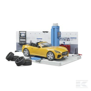 The Bruder Car service - U62110 features a yellow Roadster sports car in a miniature garage setup, complete with tires and tools displayed around, depicting a realistic car maintenance scene from the Bworld series.