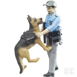 The Bruder Policeman with Dog - U62150 features a policeman figurine interacting with a German Shepherd police dog figurine. The police dog stands on its hind legs with its front paws on the officer, creating an engaging scene perfect for both indoor and outdoor play.