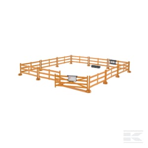 The Bruder Brown paddock fence - U62604 is a wooden fenced enclosure with several gates and signage, designed to a 1:16 scale for children aged 4 and up.