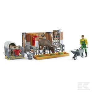 The Cow and Calf Shed, bworld - U62611 (4001702626112) by Bruder includes a person, a cow in a pen, a calf in a small shelter, a wheelbarrow, and various farming tools. Its product dimensions make it ideal for any play area.