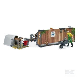 A toy set featuring a farm scene with a barn, animal pen, wheelbarrow, and a toy figure in green attire. Ideal for imaginative play, the "Cow and Calf Shed" by Bruder (model U62611) is sure to delight young farmers.