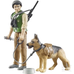 This action figure, part of Bruder's "Forester with dog and equipment - U62660" product line, is crafted from durable plastic and portrays a Forester with short hair, donning a green vest and tan pants. The figure is depicted holding a leash attached to a German Shepherd, which is equipped with its own harness.