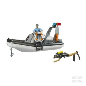 Product Description: The Bruder Police inflatable boat, bworld - U62733 features a detailed police officer at the helm and a diver in scuba gear underwater. Each set includes realistic figures and accessories. EAN and part number information available upon request.