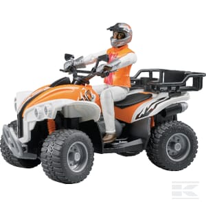 The Quad with driver - U63000 by Bruder features a scale 1:16 toy action figure seated on an orange and white quad bike, complete with a helmet and goggles, gripping the handlebars. This quad bike boasts rugged tires and a rear cargo rack, making it ideal for imaginative agricultural adventures.