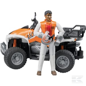 A Bruder Quad with Driver - U63000, featuring a 1:16 scale figurine of a person with gray hair in an orange and white outfit, stands next to an orange and white quad bike. The figure holds a wrench in one hand, perfectly capturing the essence of agricultural life.