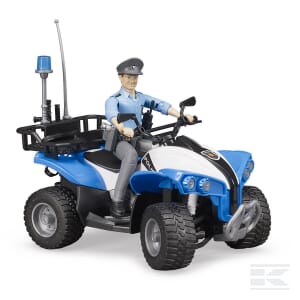 A Bruder Police quad with policeman (U63010) features a police officer figure riding a blue and white quad bike, equipped with a siren and emergency services radio equipment on the back.