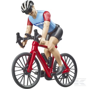 The Road bike with cyclist - U63110 by Bruder features a toy figure dressed in cycling gear and helmet, riding a red racing bicycle, perfect for both indoor and outdoor play.