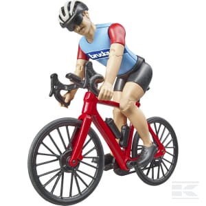 The Bruder Road bike with cyclist - U63110 features a toy figure in a blue and red outfit and black helmet riding a racing bicycle, perfect for indoor and outdoor play.