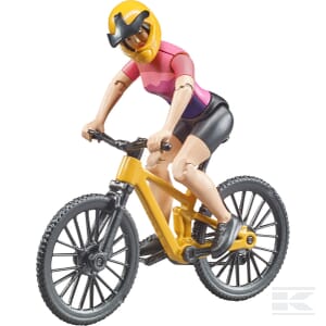 The Bruder Mountain bike with cyclist (U63111) features a plastic figure donning a yellow helmet and a pink and black cycling outfit, riding a yellow mountain bike, making it perfect for both indoor and outdoor play.