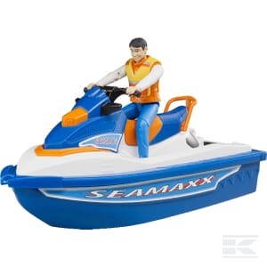 A playable plastic toy from Bruder, named "Water scooter + driver - U63150," depicting a person on a blue and white jet ski branded with "SEAMAXX" on the side, perfect for leisure activities.