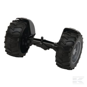 The Front axle for MF (2000) - U42040 by Bruder features two large black rubber wheels connected by a central axle, designed for use with Massey Ferguson toys in the 1:16 scale.